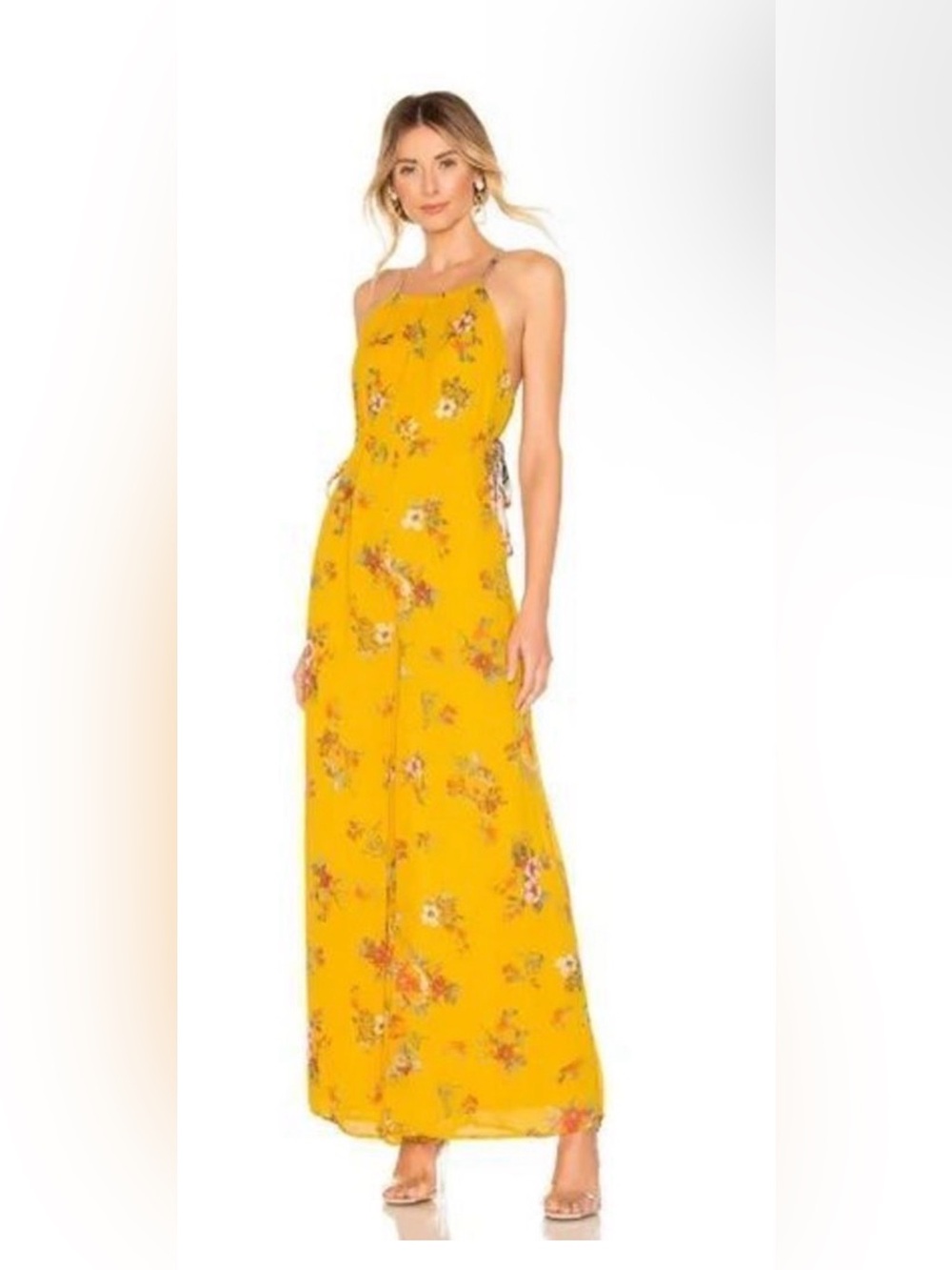 Floral Halter Wide-Leg Jumpsuit Mustard Yellow Free People Georgia Jumper Gold - Picture 2 of 8